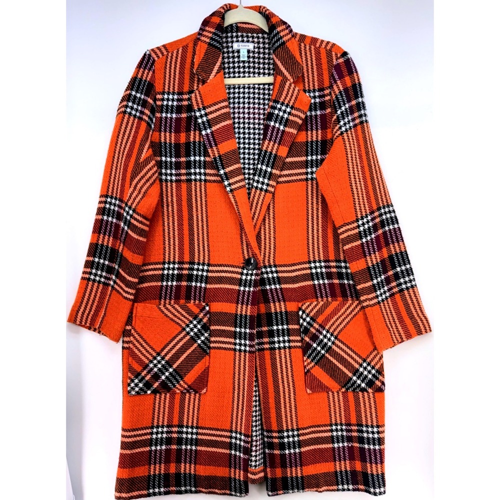 Susina Orange Plaid Knit Coatigan Longline Jacket Sz S Bold Academia Blazer Coat